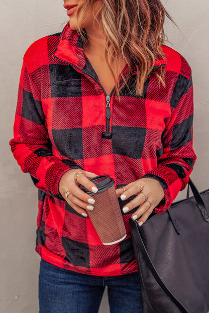 Plaid Print 1/4 Zip Collar Sweatshirt