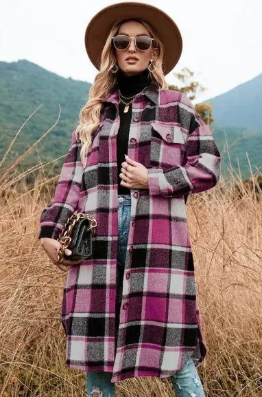 Plaid Coat Side Side-Slit