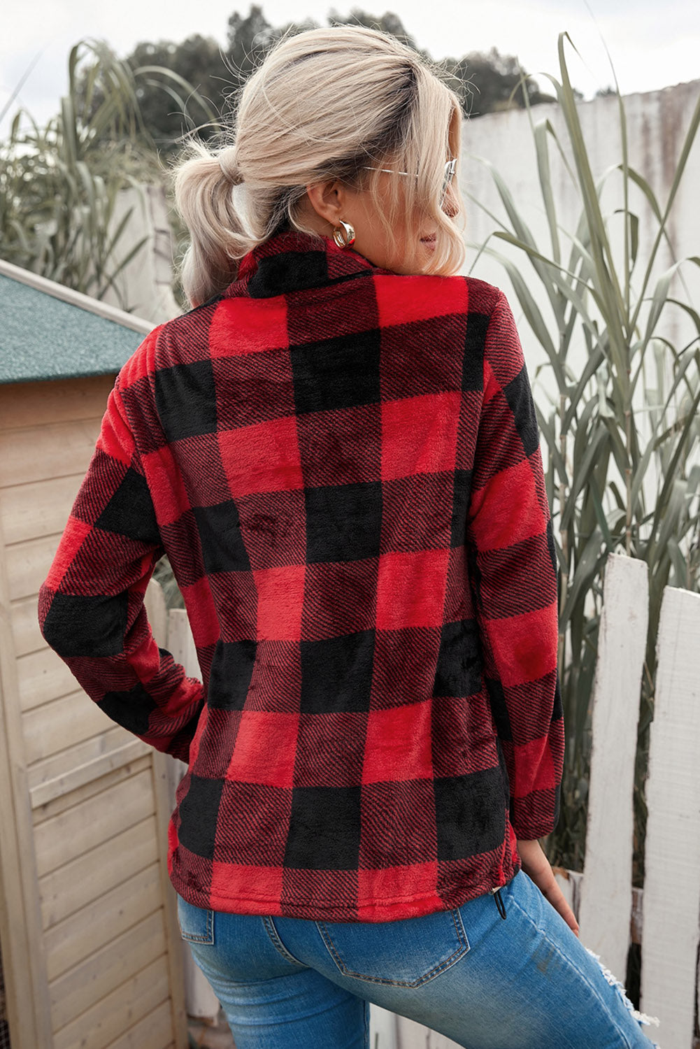 Plaid Print 1/4 Zip Collar Sweatshirt