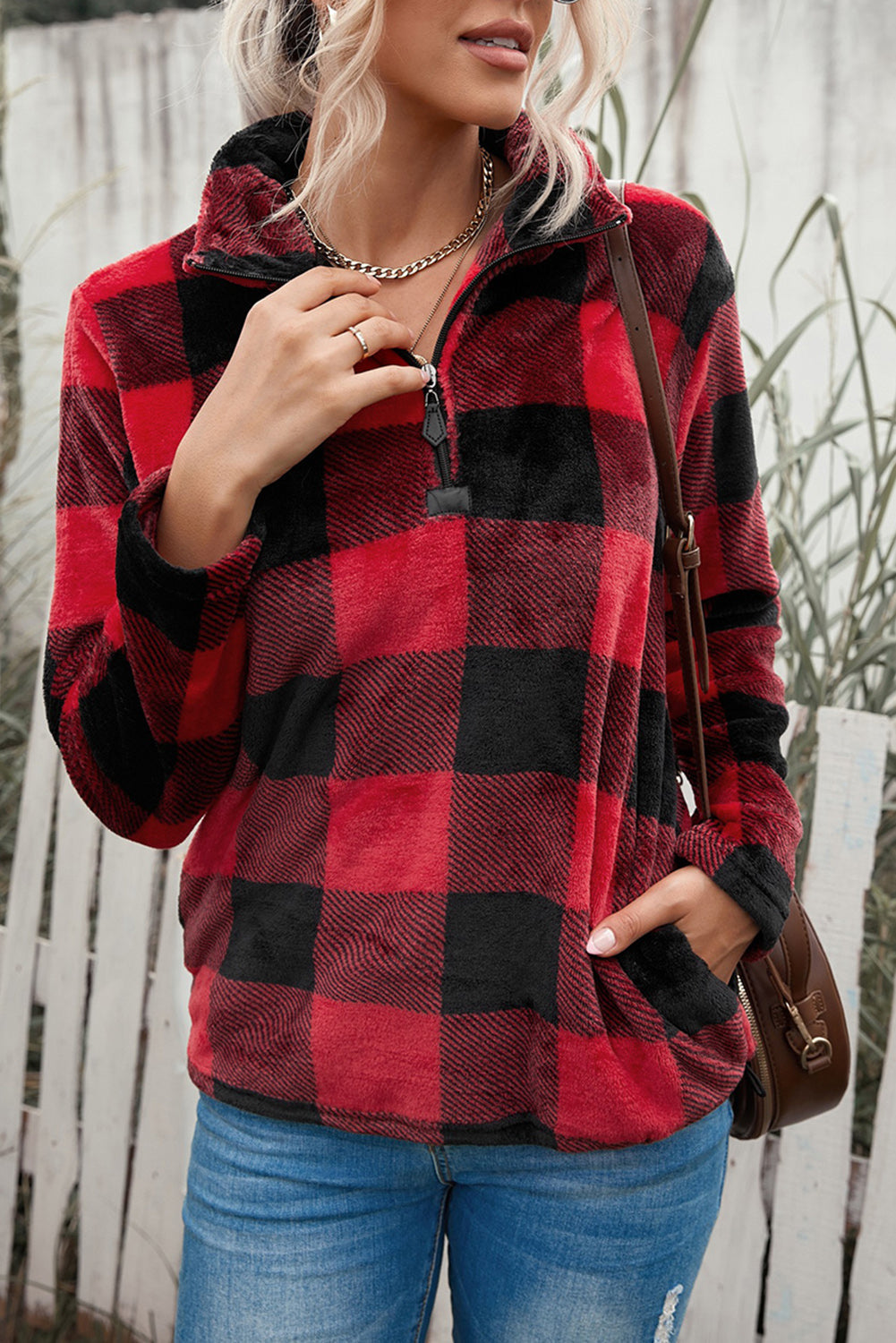 Plaid Print 1/4 Zip Collar Sweatshirt