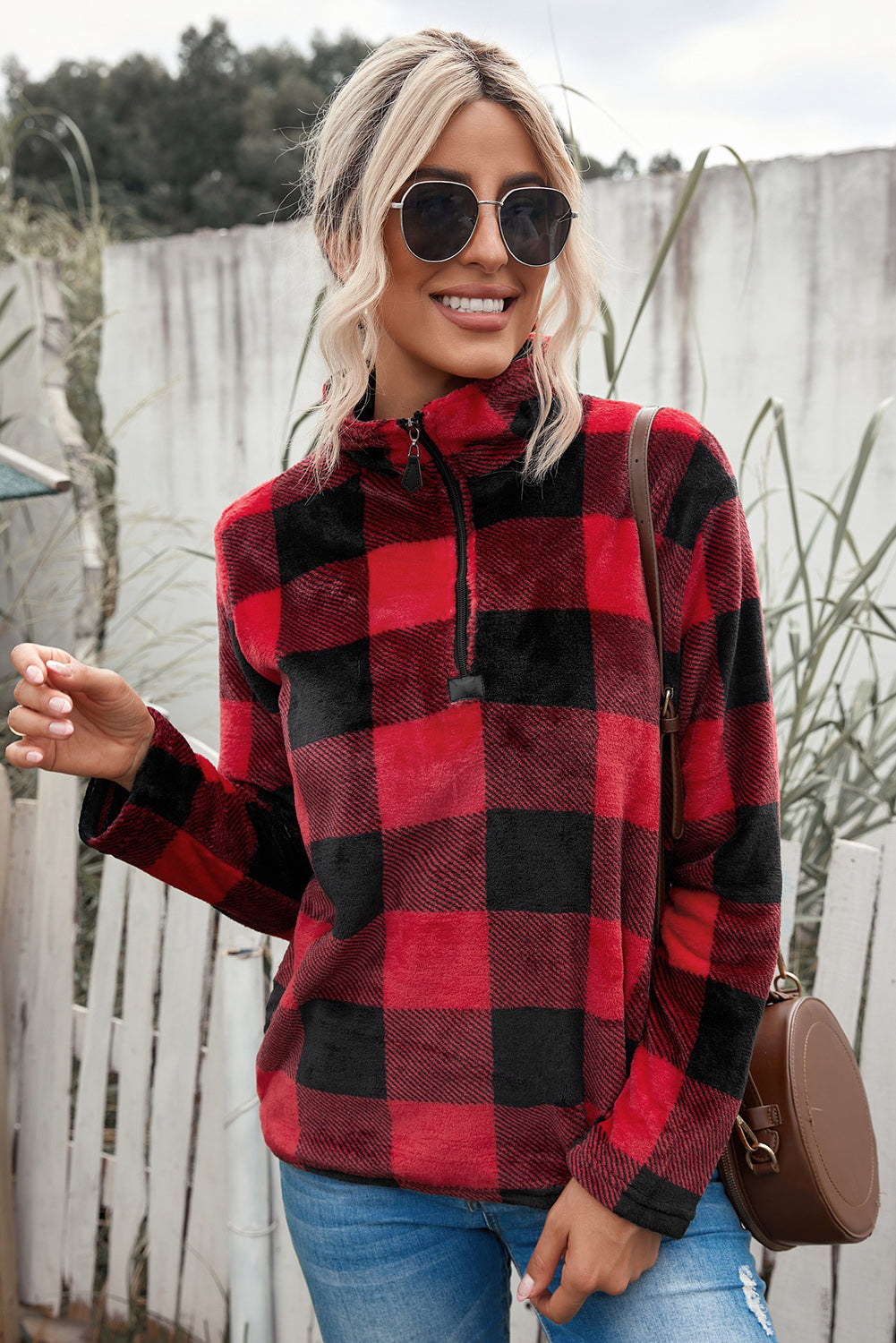 Plaid Print 1/4 Zip Collar Sweatshirt