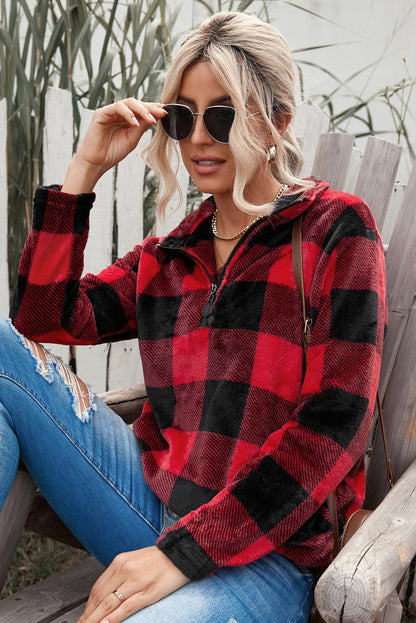 Plaid Print 1/4 Zip Collar Sweatshirt