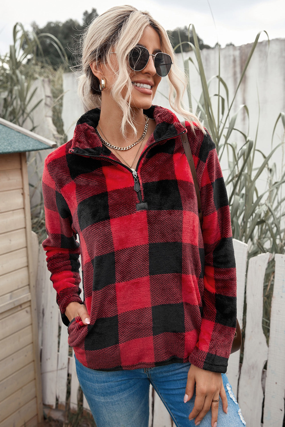 Plaid Print 1/4 Zip Collar Sweatshirt