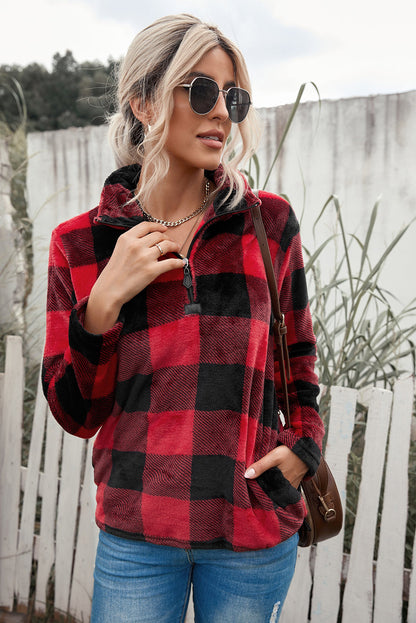 Plaid Print 1/4 Zip Collar Sweatshirt